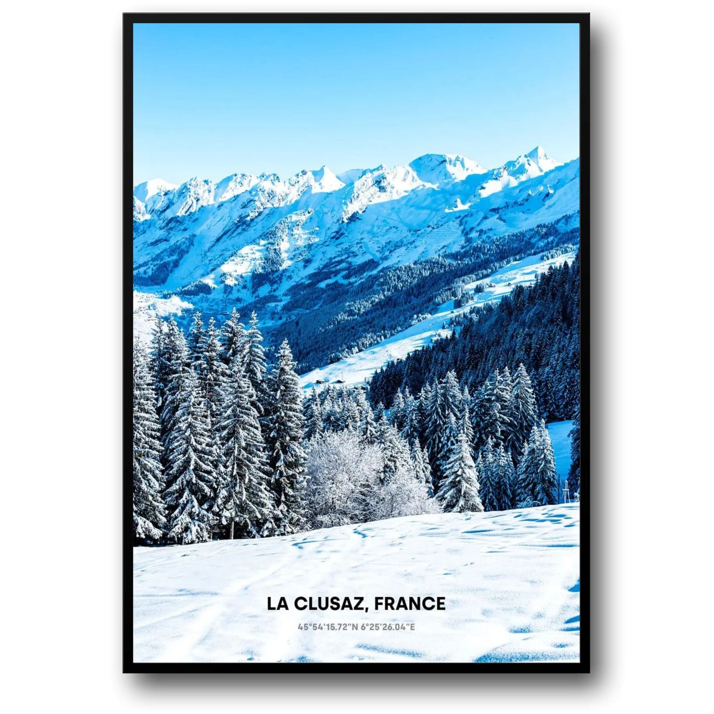 Sunlit Snowy Peaks Poster | La Clusaz | France | Winter Wonderland Artwork | Scenic Mountain View | Home Decor