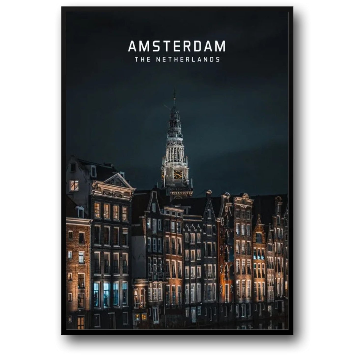 Amsterdam Canal Homes at Night Poster | Scenic European Cityscape Art | The Netherlands Wall Decor | Nighttime Urban Photography