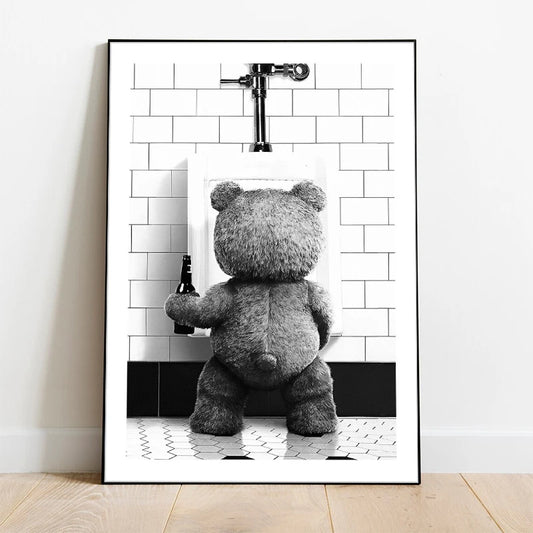 Black White Bear Art Print | Cute Bathroom Wall Poster | Modern Home Decoration | Canvas Picture