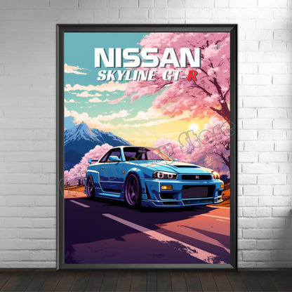 Retro Poster Canvas Painting Japanese Car 1990s Classic Car Nissan Skyline GT-R R34 Wall Art Pictures Home Interior Decor
