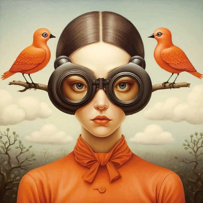 Floral Girl Poster | Birdwatcher's Solitude | Woman in Bird-Themed Goggles | Earthy Tones | Quiet Contemplation | Avian Life Connection | Home Art Decor