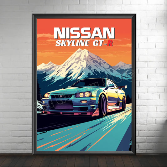 Retro Poster Canvas Painting Japanese Car 1990s Classic Car Nissan Skyline GT-R R34 Wall Art Pictures Home Interior Decor