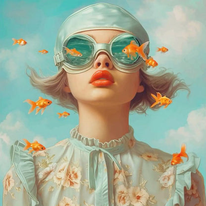 Floral Girl Poster | Aquatic Daydream | Woman with Goldfish | Serene Aquamarine Ambiance | Home Decor Artwork