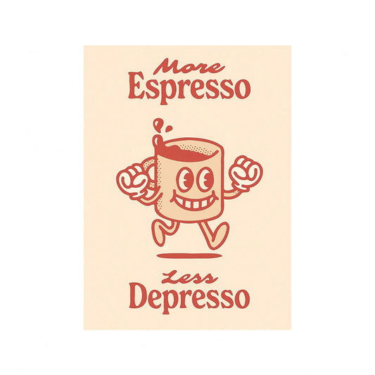 More Espresso Less Depresso Poster | Retro Record Player Cartoon Character | Canvas Wall Art Decor