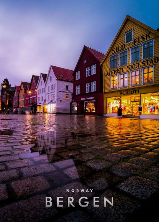 Bryggen at Night Poster | Bergen Norway | Wander Through Iconic Historic Wooden Buildings | Scenic Photography Art Print