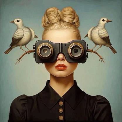 Floral Girl Poster | Avian Observer Design | Woman with Ornate Binoculars and Serene Doves on Branches