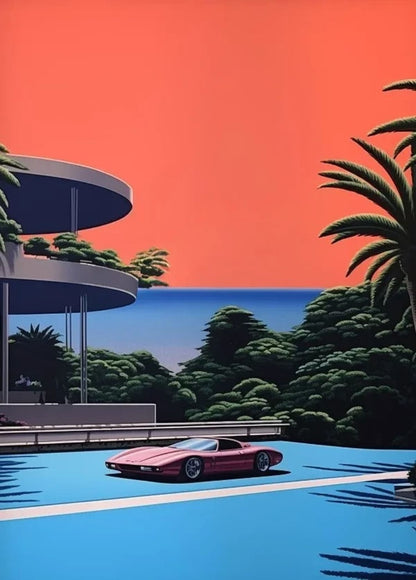 Retro Vaporwave Cityscape | Hiroshi Nagai Poster | Japanese Tropical Beach Car Art | Canvas Wall Decor
