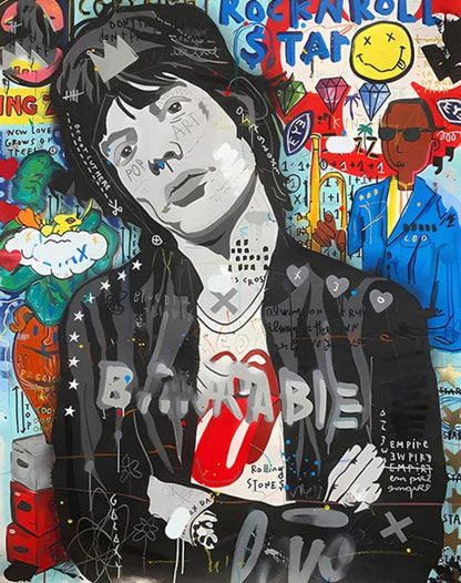 Abstract Street Pop Art Poster | Mick Jagger Portrait | Graffiti Canvas Print | Wall Art for Living Room Decor