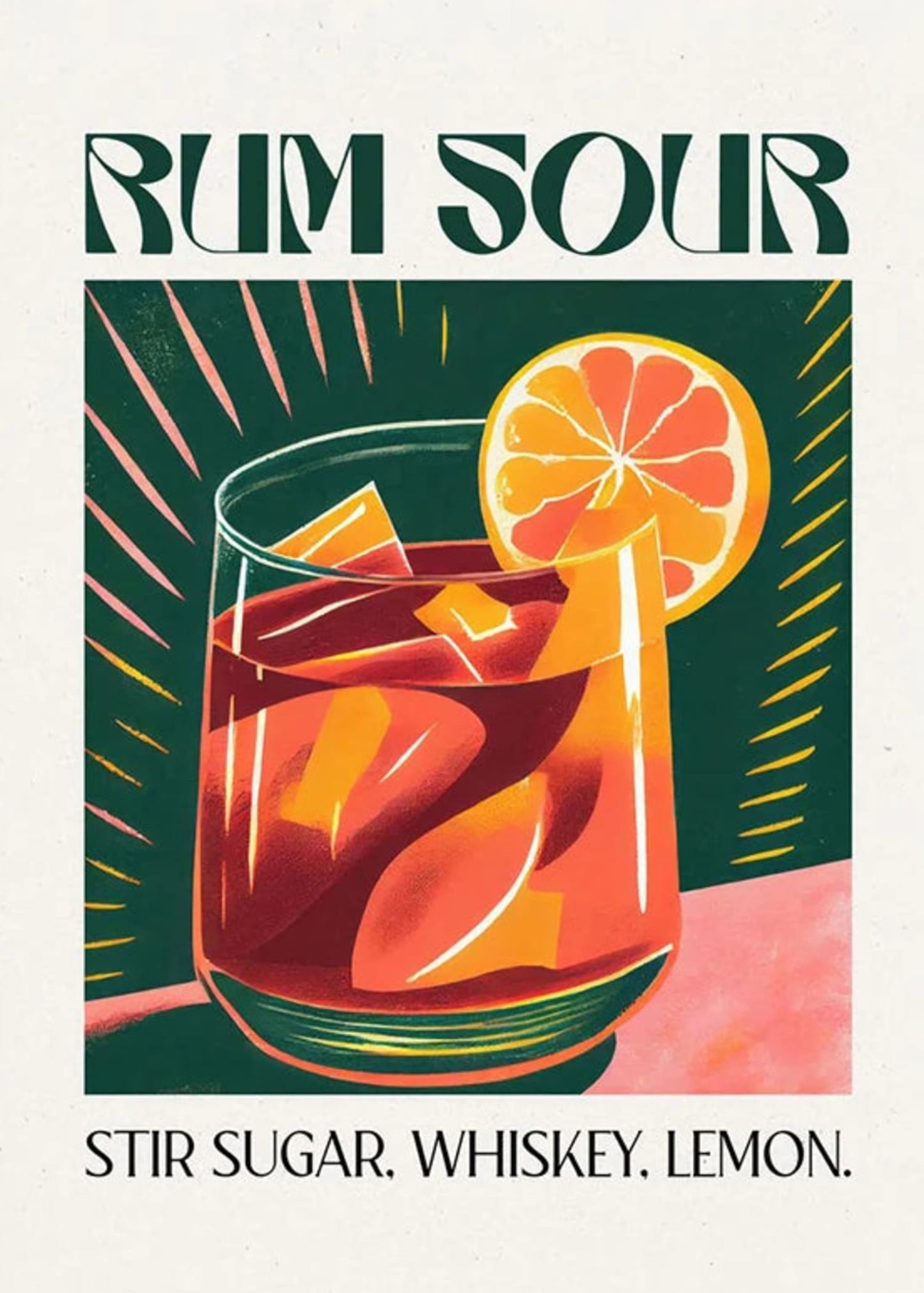 Rum Sour Cocktail | Party Poster | Home Bar Decor | Vintage Style Wall Art | Drink Recipe Artwork | Home & Garden