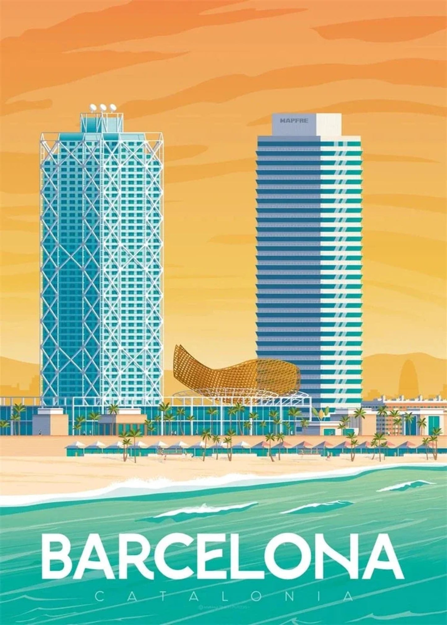 Barcelona Beach | Iconic Destinations | Scenic Travel Poster | Vibrant Colors | Wall Art Decor | Spanish Coastline