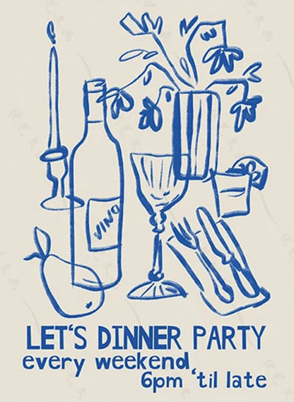 Vintage Kitchen Art Poster | Let's Diner Party | Food & Drink Wall Decor | Retro Style Home Decoration