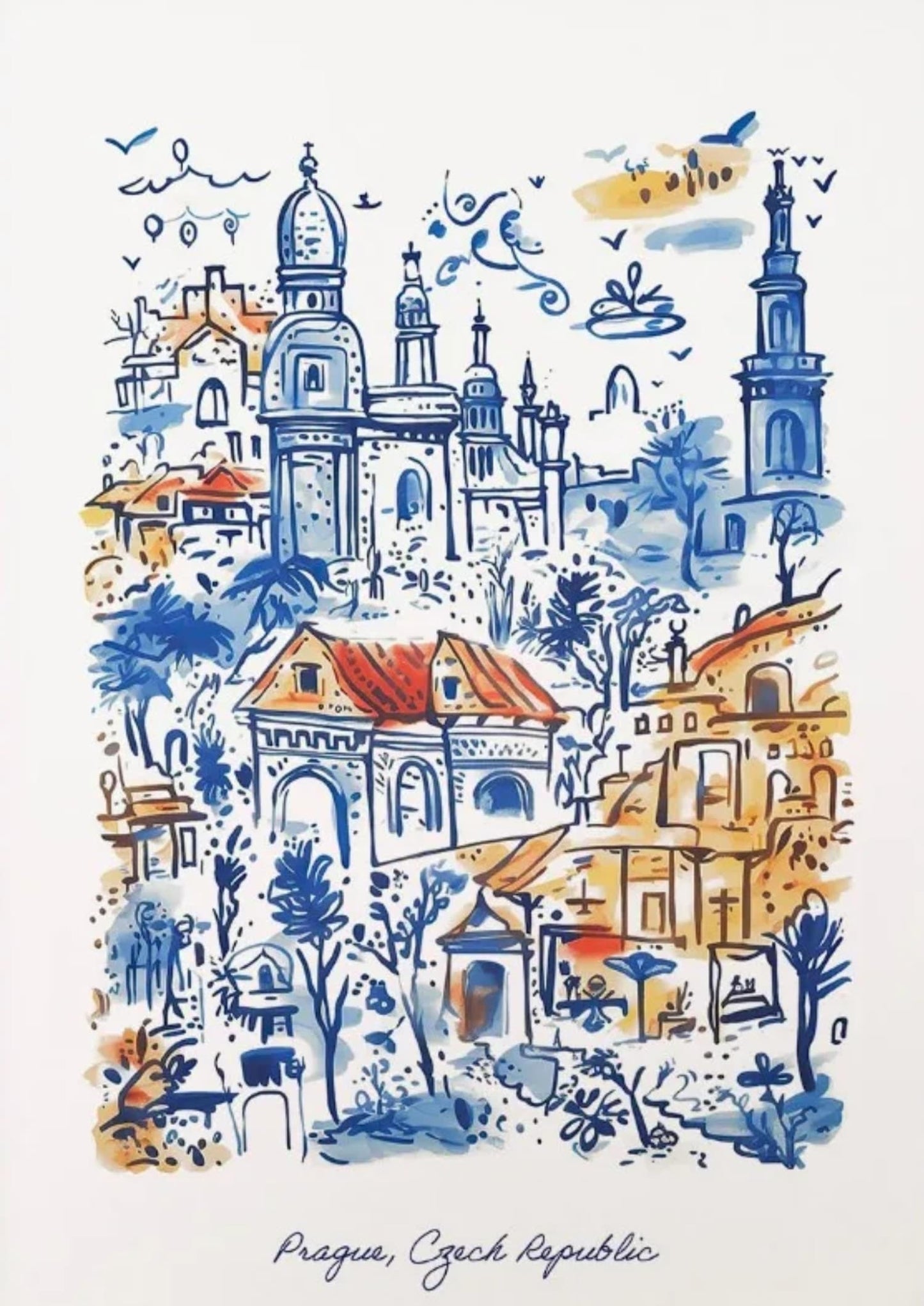 Prague Architecture | Blue & Orange Watercolor