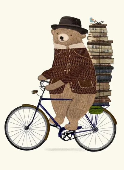 Bear's Bibliocycle | Whimsical Poster | A Joyful Adventure in Animated Art | Decorative Wall Art